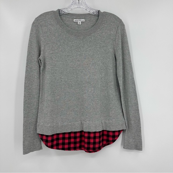 J. Crew Mercantile Long Sleeve Sweater Buffalo Plaid Hem Gray Size XS - Picture 1 of 6